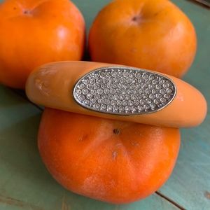 Orange - Peach Enameled Sparkly Rhinestone Silver Tone Clamper Bracelet